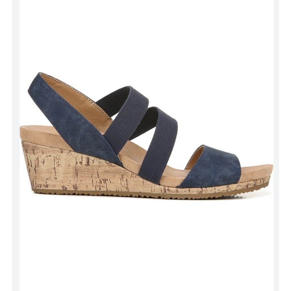 LifeStride Marina Sandals Womens Sz 9.5 Navy Blue Strappy Slingback Cork Wedge